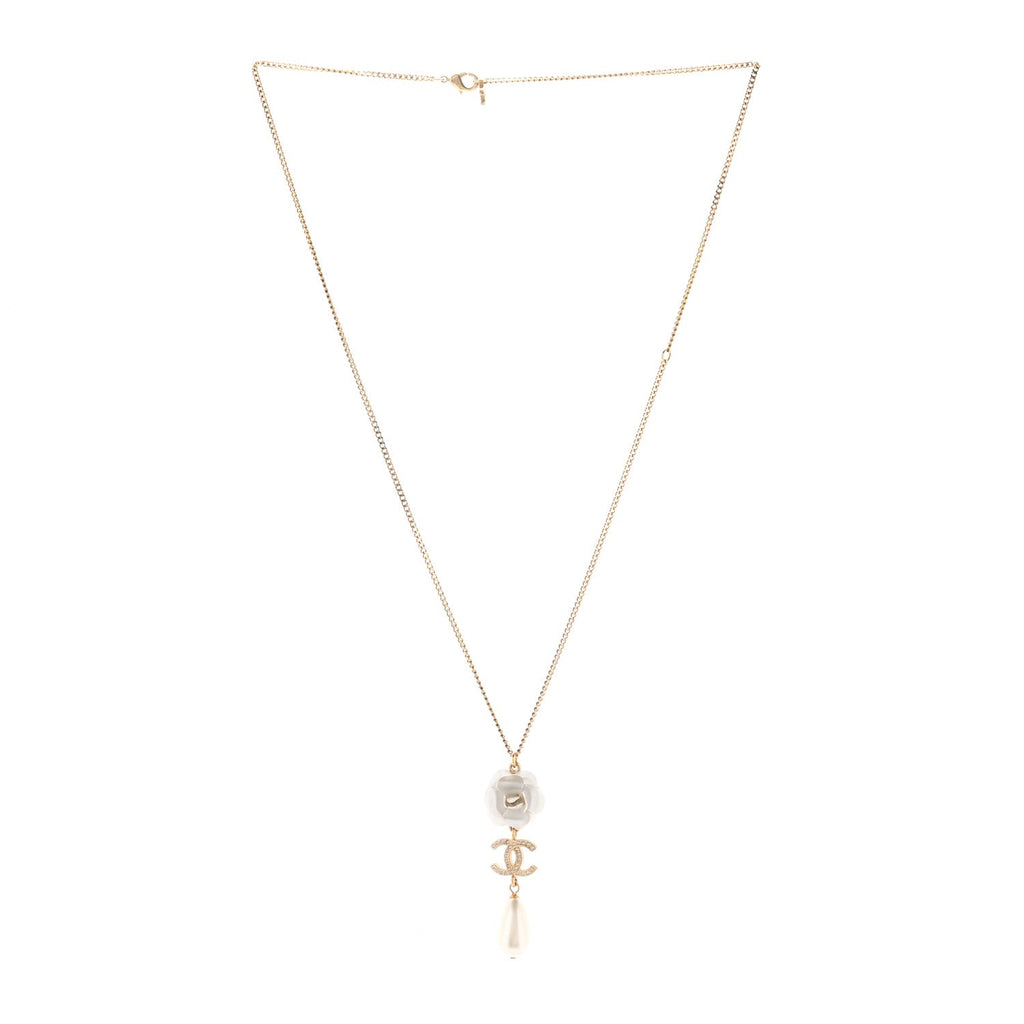 Metal Crystal Pearl 90s Camellia CC Drop Necklace Gold Pearly White