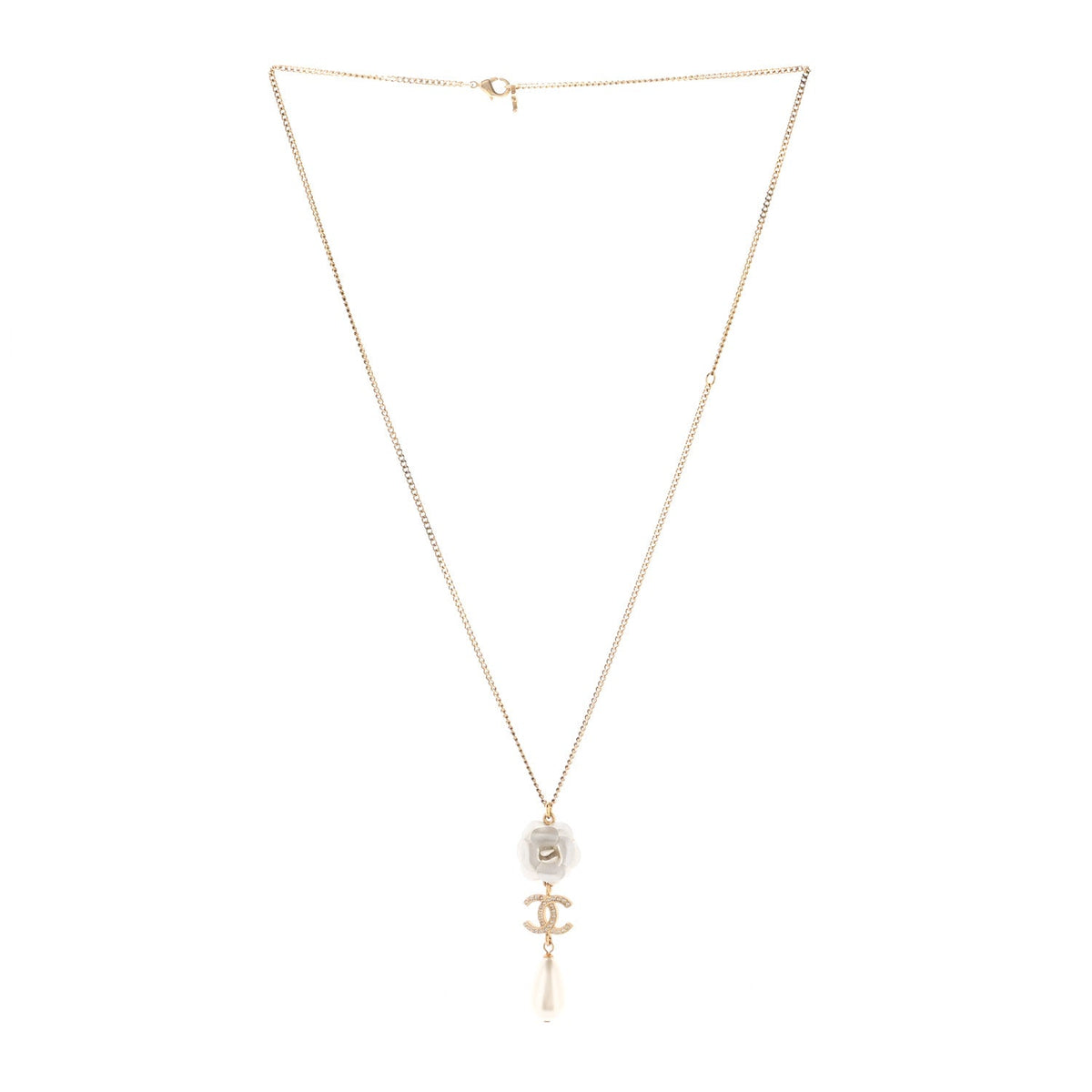 Metal Crystal Pearl 90s Camellia CC Drop Necklace Gold Pearly White
