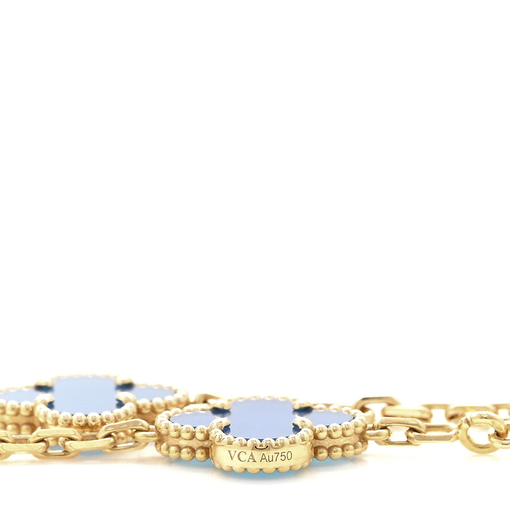 18K Yellow Gold Blue Agate 10 Motifs Vintage Alhambra Necklace