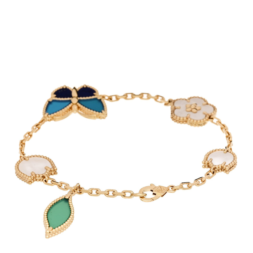 18K Yellow Gold Agate Lapis Lazuli Mother of Pearl 5 Motifs Lucky Spring Bracelet