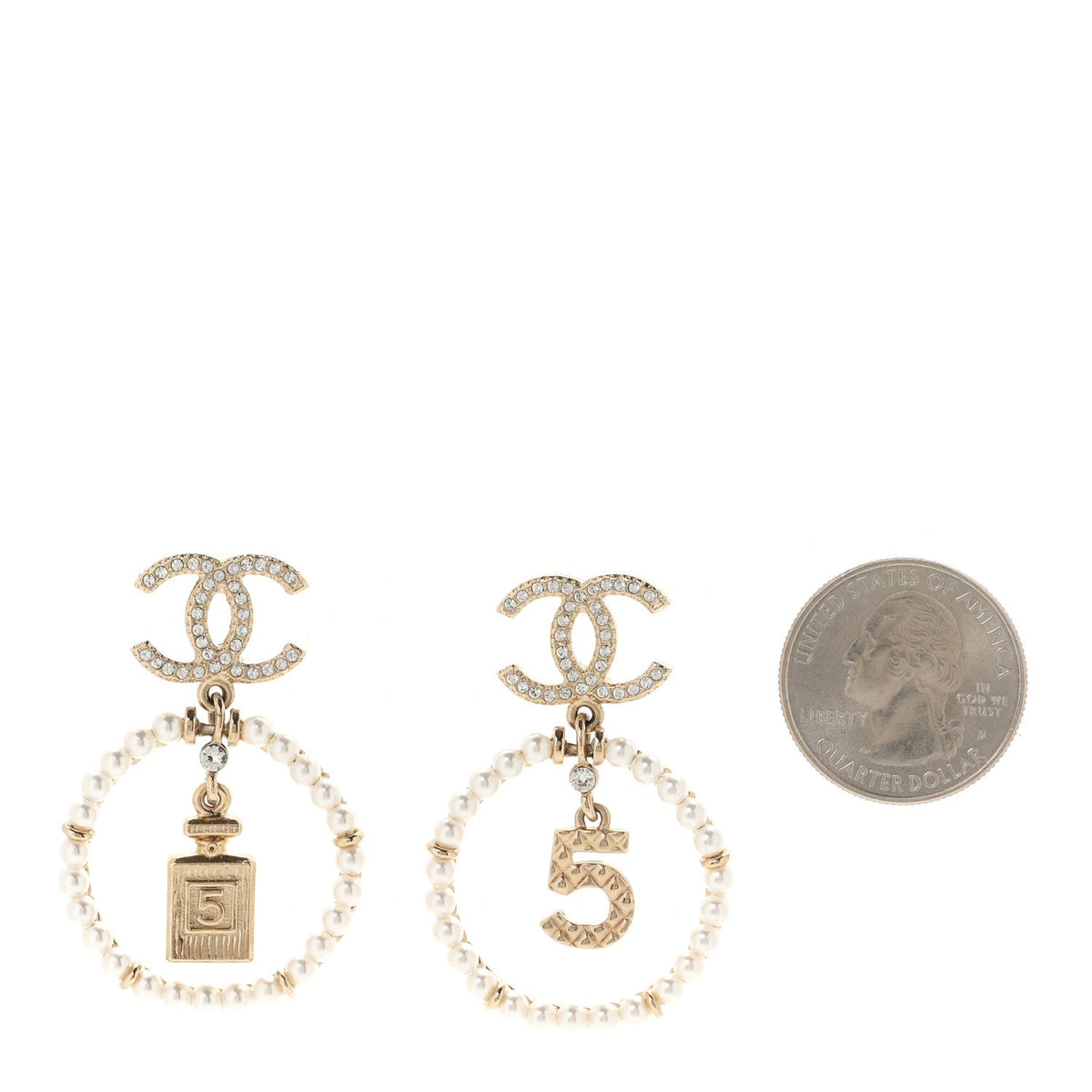 Crystal Pearl Chanel Charms CC Drop Earrings Gold