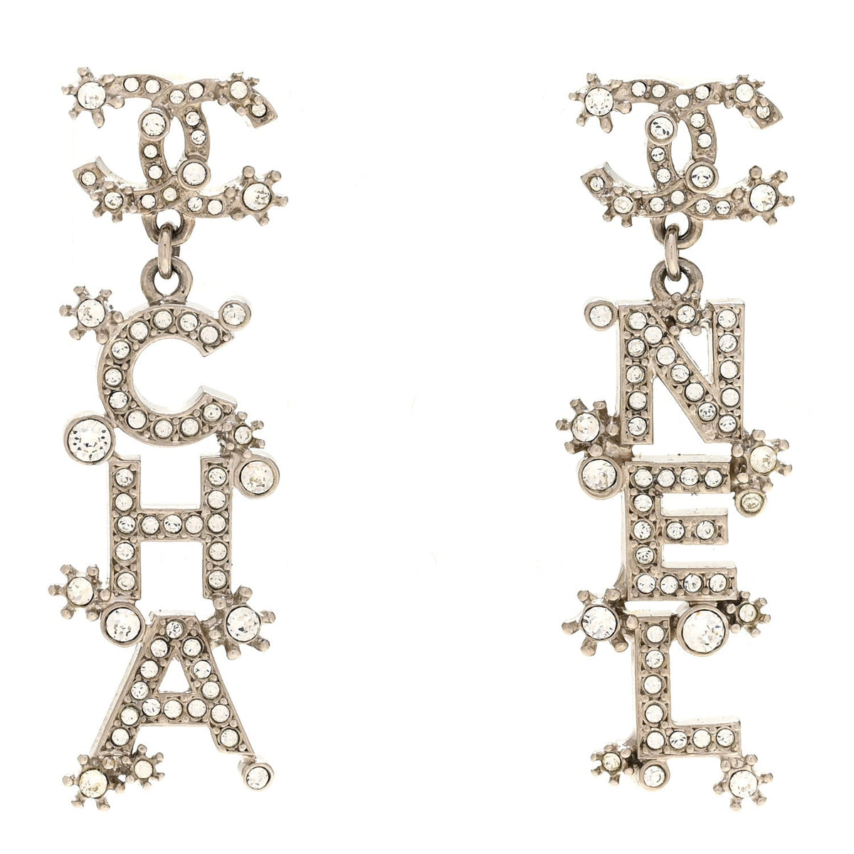 Crystal Cha-Nel Logo Drop Earrings Silver