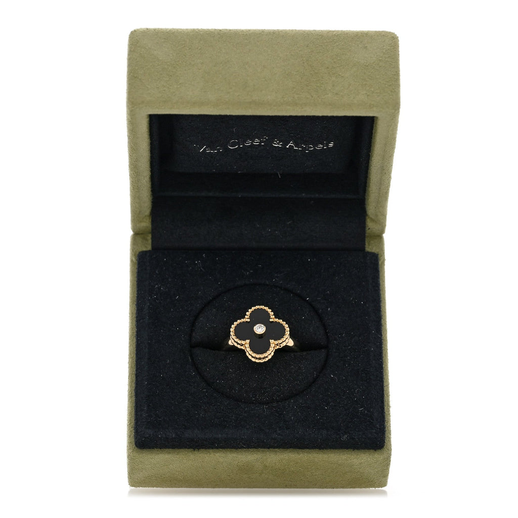 18K Yellow Gold Black Onyx Diamond Vintage Alhambra Ring 56 7.5
