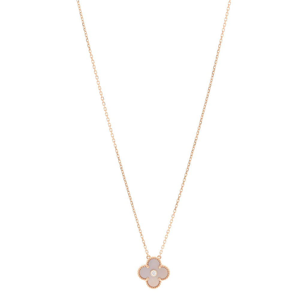 VAN CLEEF &amp; ARPELS 18K Rose Gold Diamond Pink Mother of Pearl Vintage Alhambra Pendant Necklace