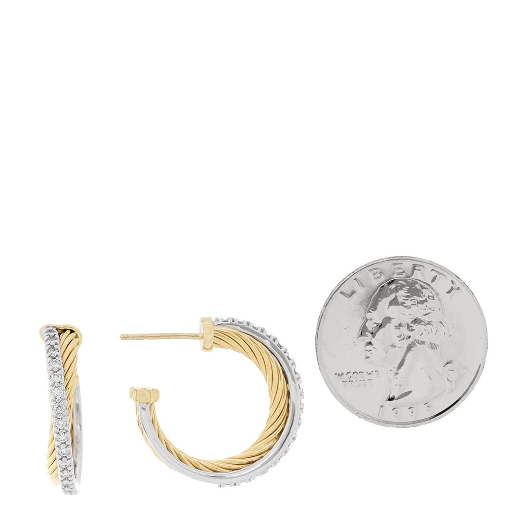 18K Yellow White Gold Diamond 23mm Crossover Cable Hoop Earrings