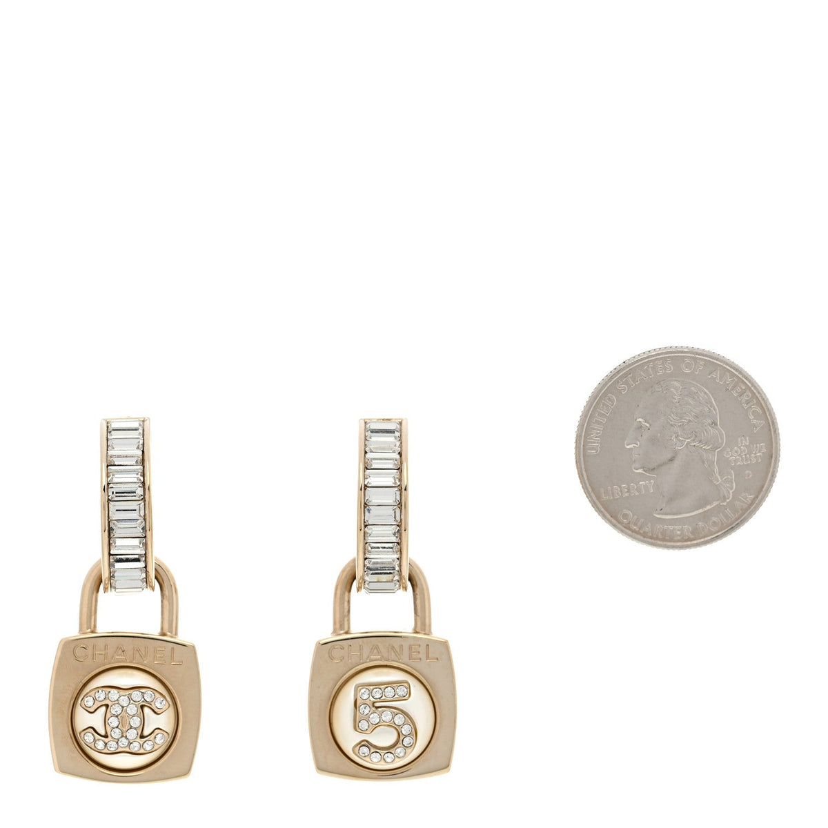 Pearl Crystal Baguette No 5 Lock Drop Earrings Gold Pearly White