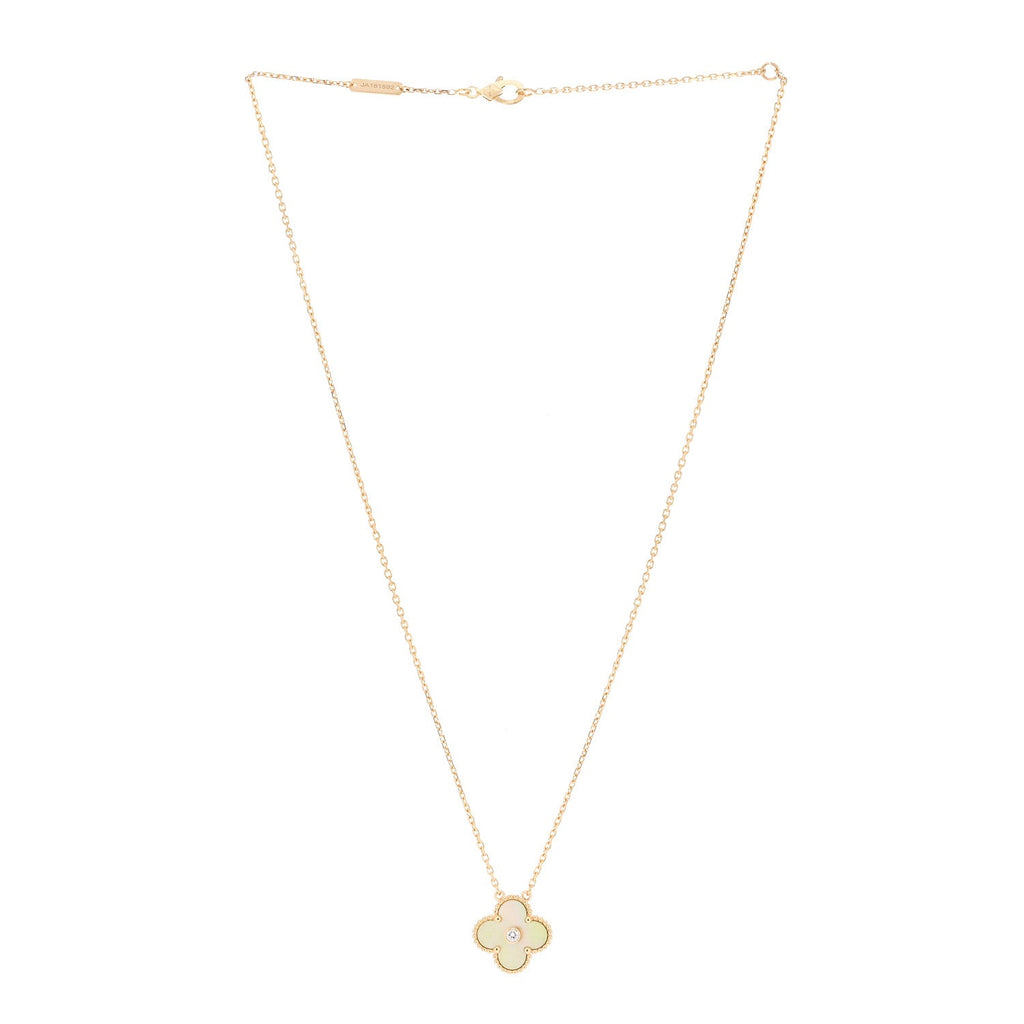 18K Yellow Gold Diamond Yellow Mother of Pearl Vintage Alhambra Pendant Necklace