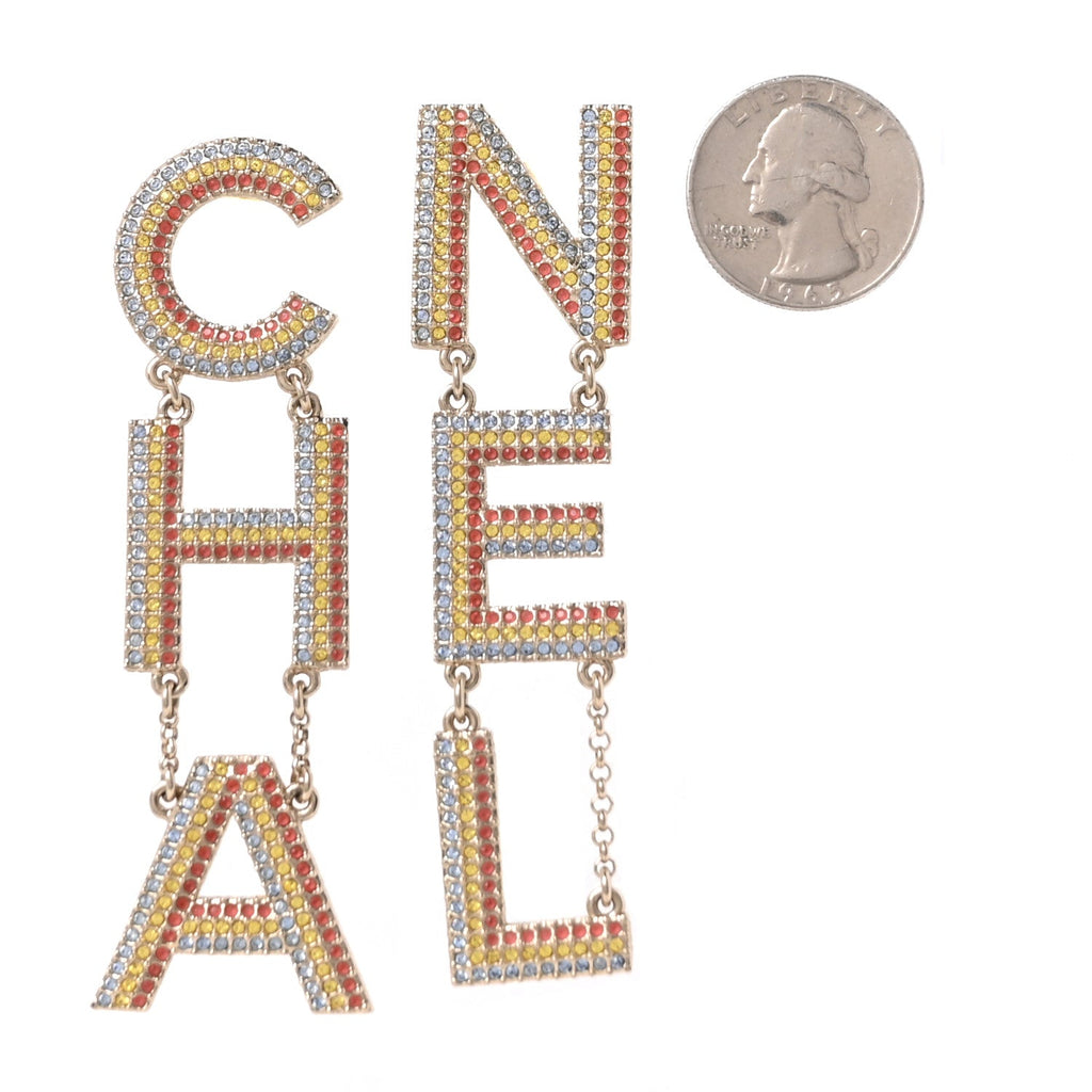 Metal Crystal Rainbow Cha-Nel Logo Drop Earrings Multicolor Gold