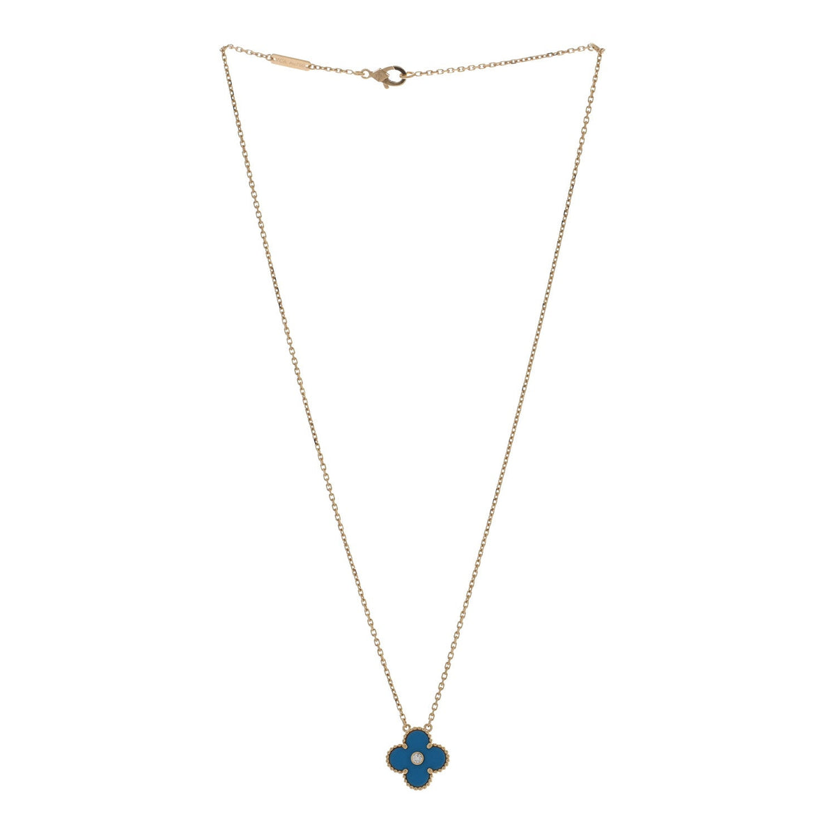 18K Yellow Gold Diamond Celestial Blue Sevres Porcelain Vintage Alhambra Pendant Necklace