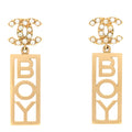 Metal Crystal CC Boy Drop Earrings Gold