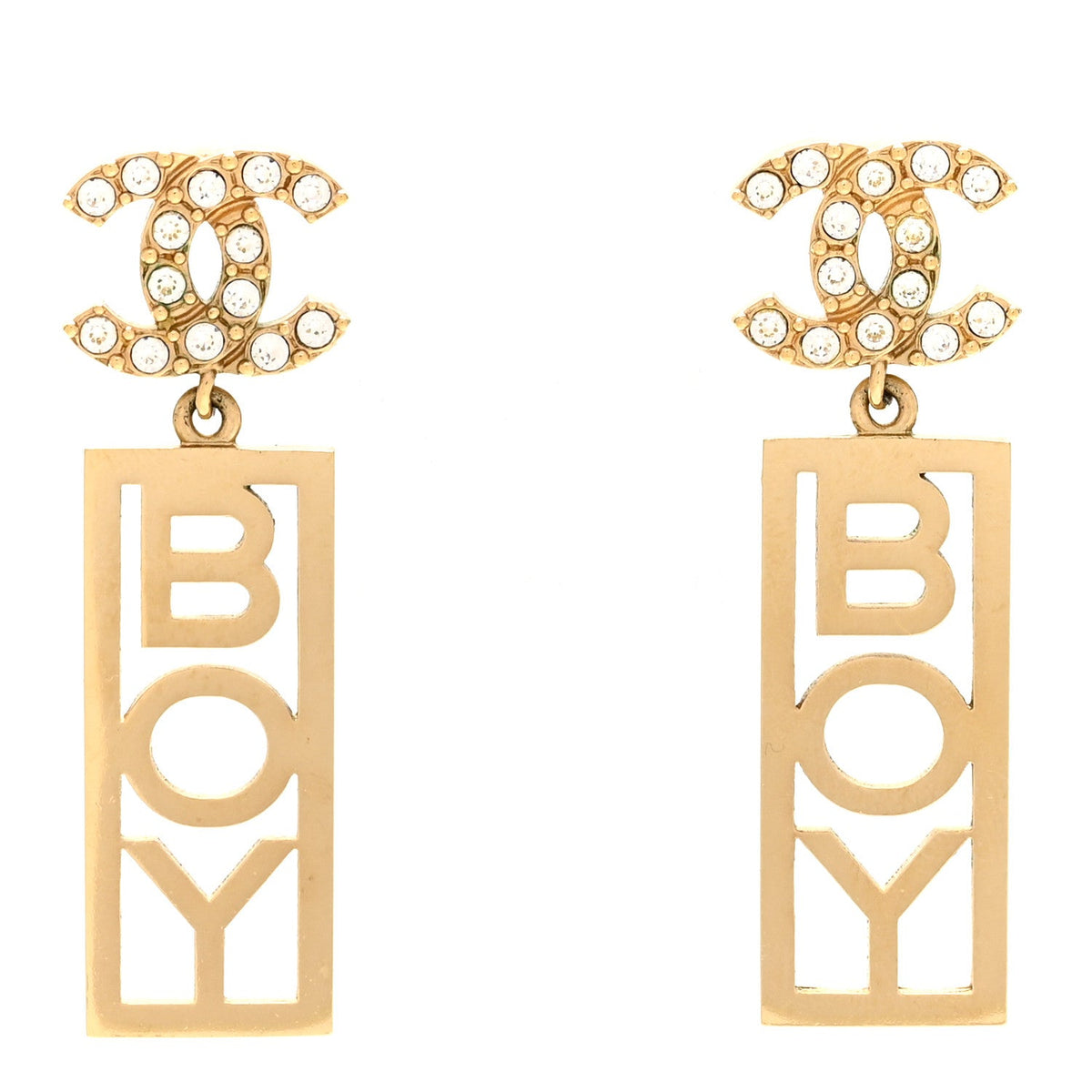 Metal Crystal CC Boy Drop Earrings Gold