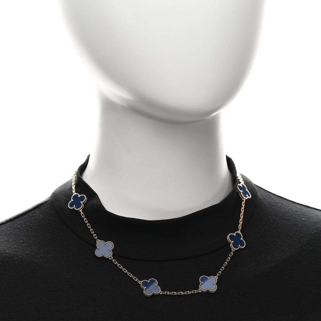 18K Yellow Gold Blue Agate 10 Motifs Vintage Alhambra Necklace