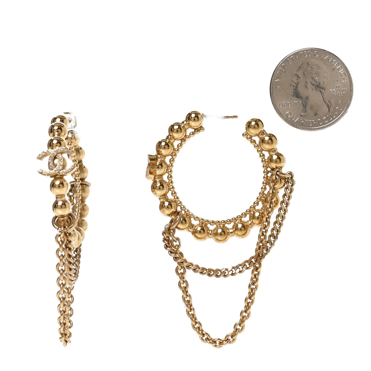 Metal Crystal Bead Chain CC Hoop Earrings Gold