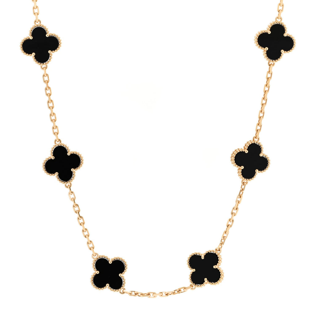 18K Yellow Gold Black Onyx 10 Motifs Vintage Alhambra Necklace