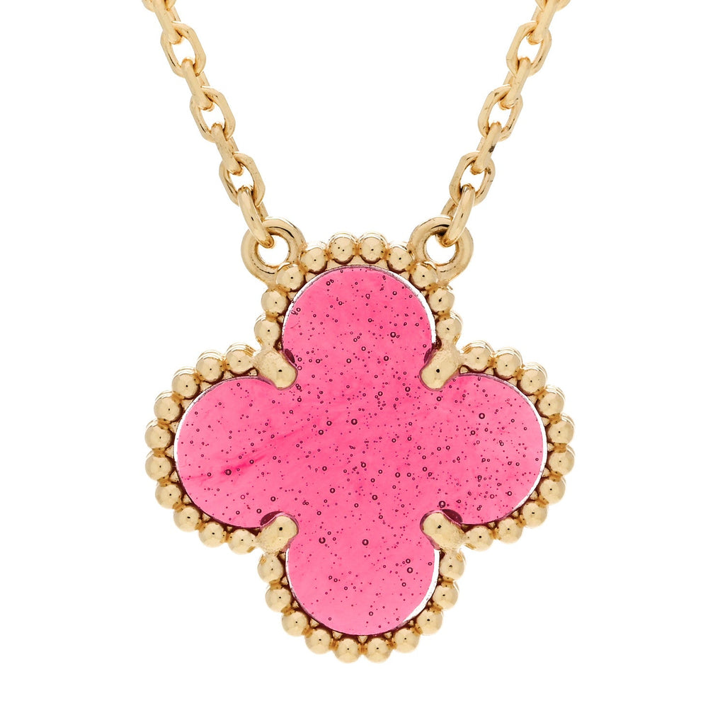 18K Yellow Gold Pink Enamel Vintage Alhambra Pendant Necklace