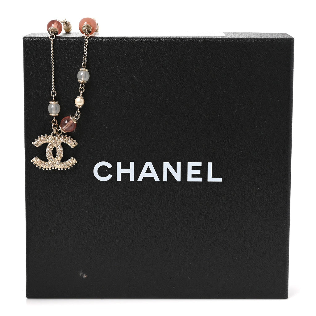 Beaded Pearl Crystal CC Long Necklace Gold Coral
