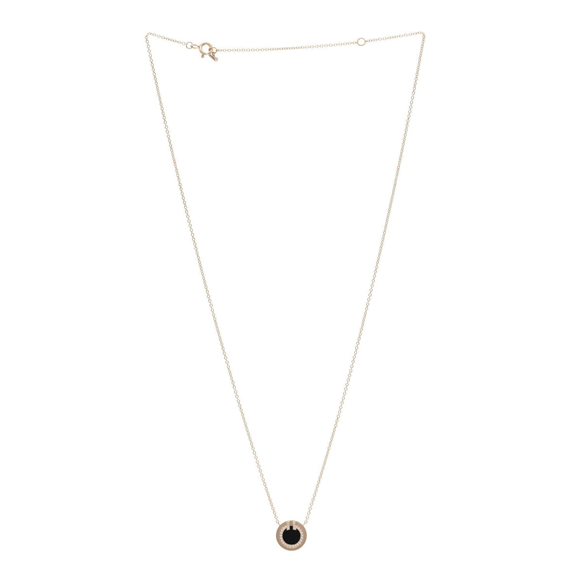 18K Rose Gold Diamond Black Onyx Small T Circle Pendant Necklace