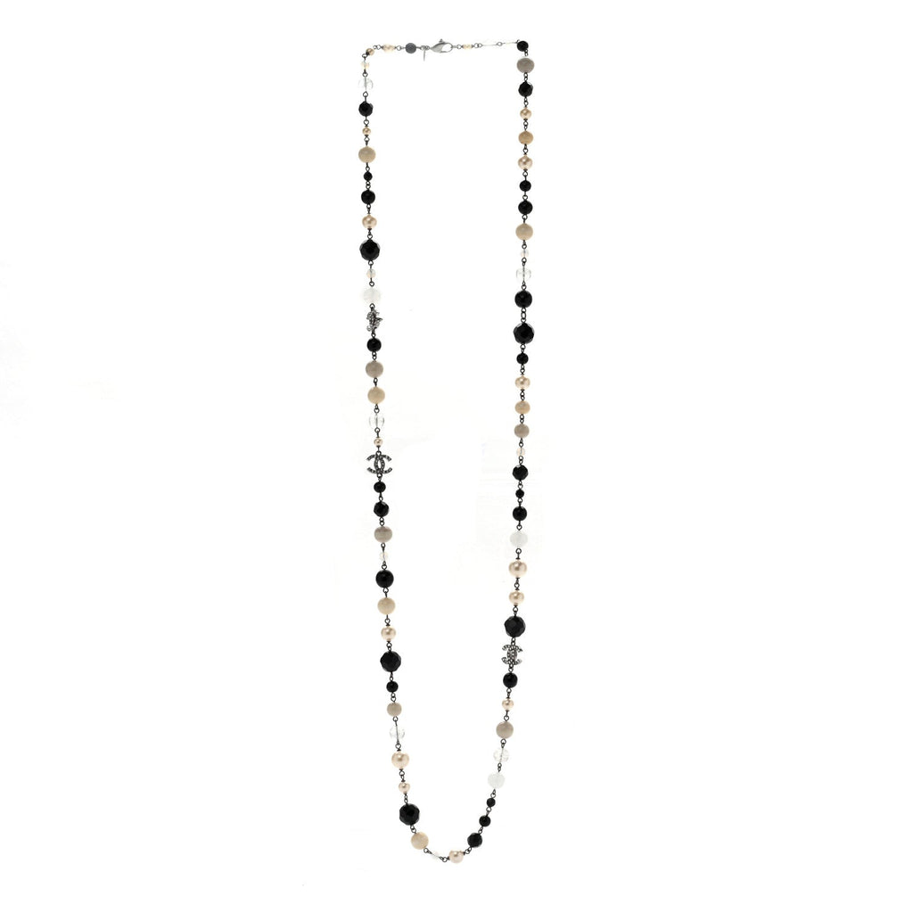 Pearl Crystal Bead CC Long Necklace Black Silver