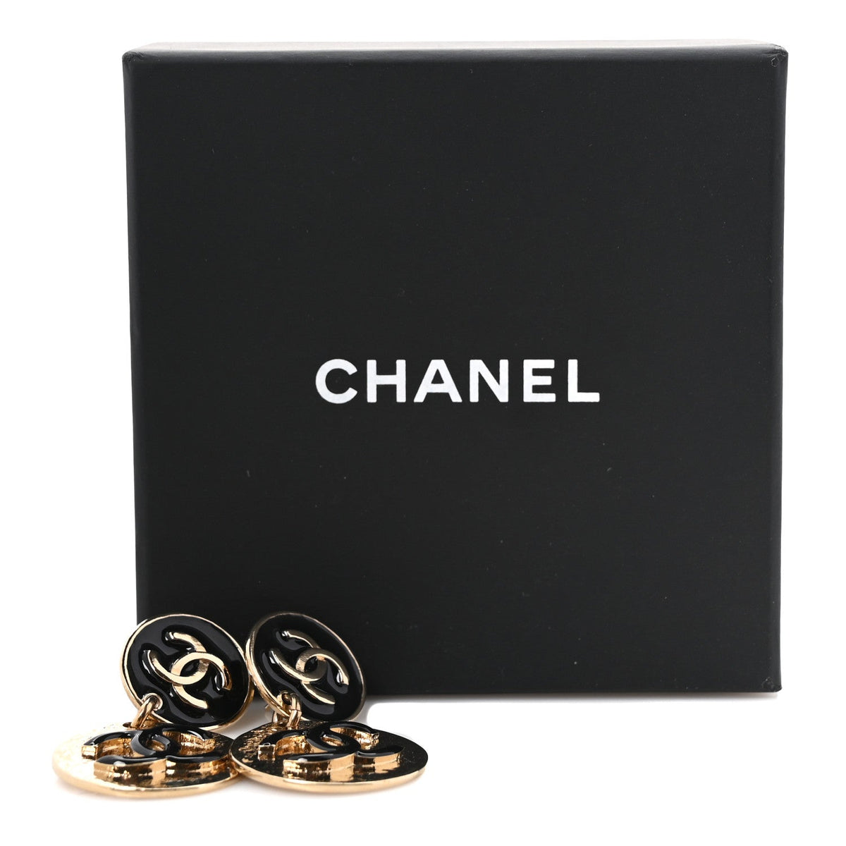 Enamel CC Disc Drop Earrings Gold Black