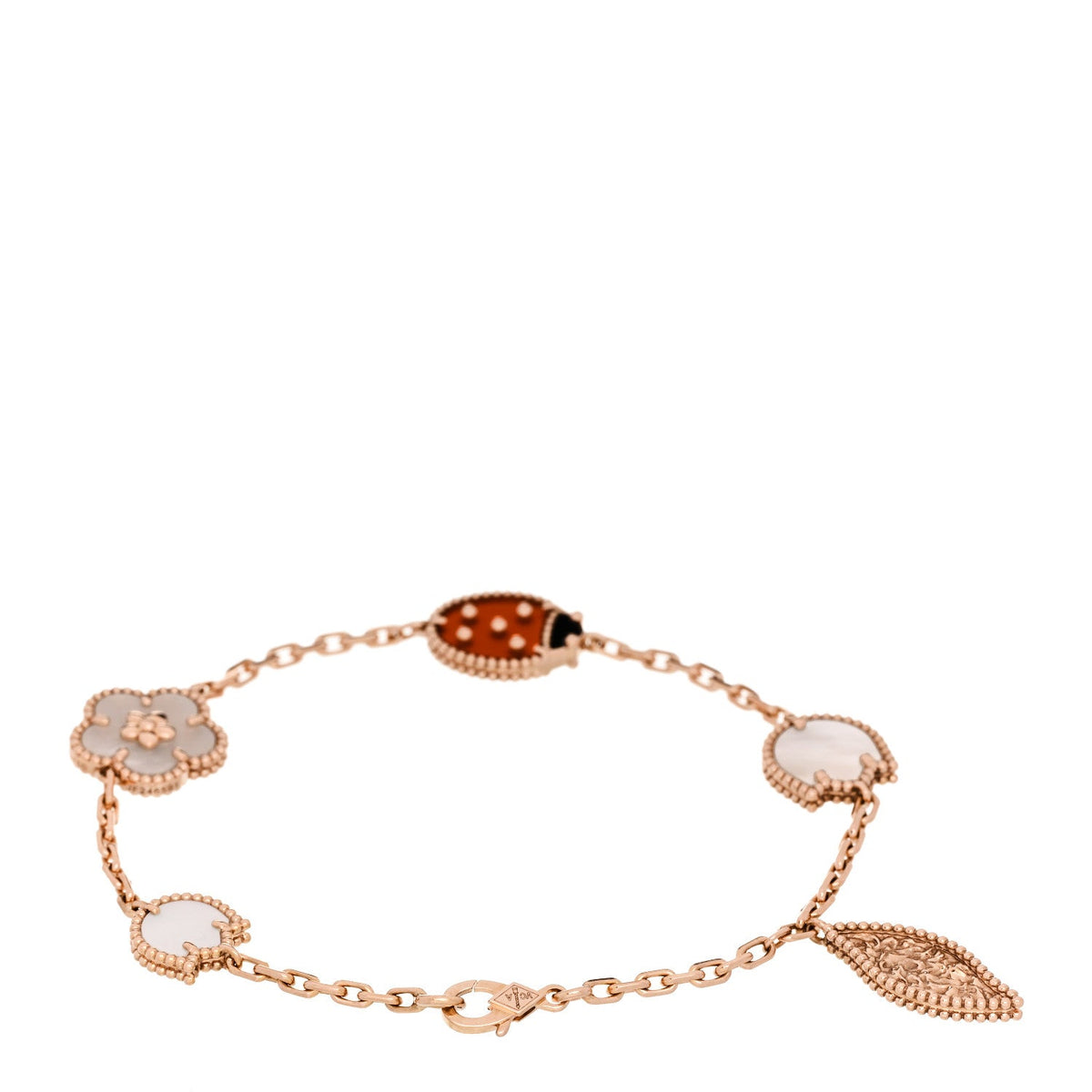 18K Rose Gold Carnelian Mother of Pearl Onyx 5 Motifs Lucky Spring Bracelet