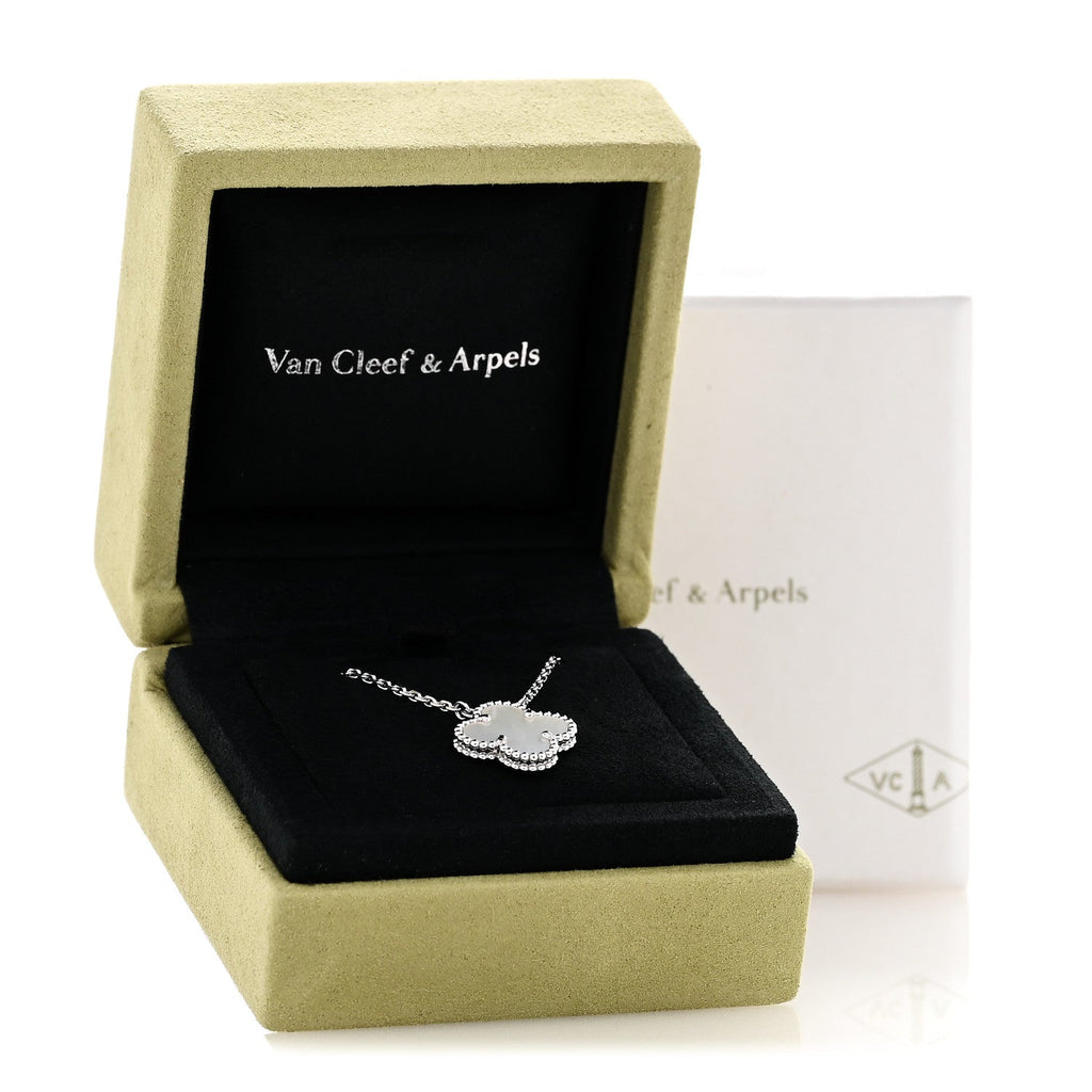 18K White Gold Mother Of Pearl Vintage Alhambra Pendant Necklace