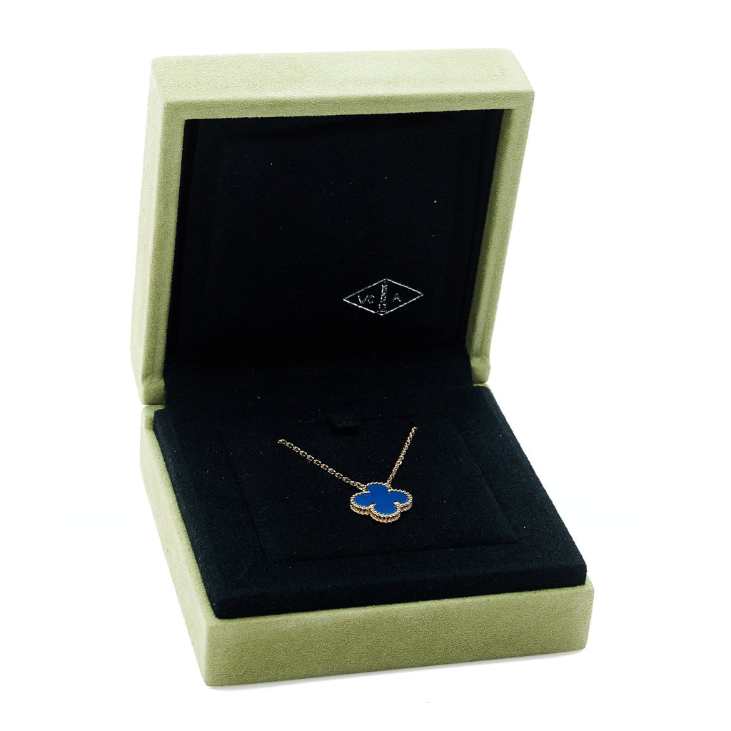 18K Yellow Gold Blue Agate Vintage Alhambra Pendant Necklace
