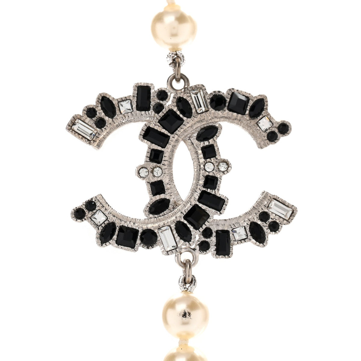 Pearl Crystal Lambskin CC Long Necklace Gold Black