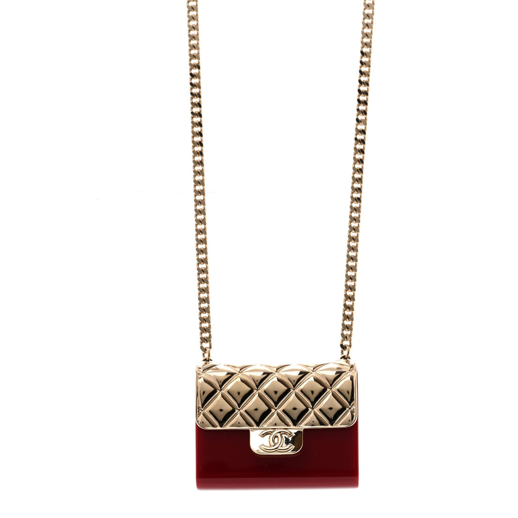 Metal Resin Flap Bag Long Necklace Gold Red
