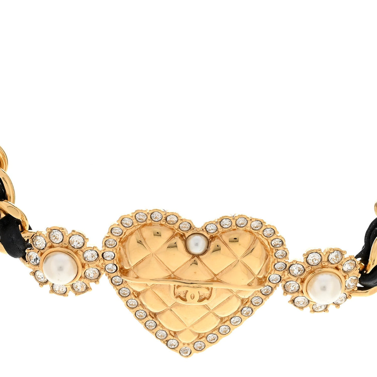 Metal Lambskin Glass Pearl Strass Heart Choker Gold Black