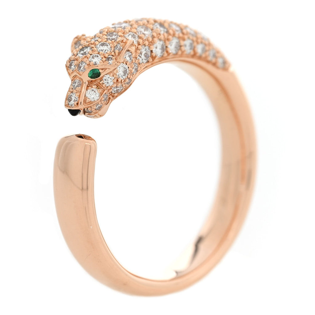 18K Pink Gold Diamond Emerald Onyx Panthere De Cartier Ring 62 10