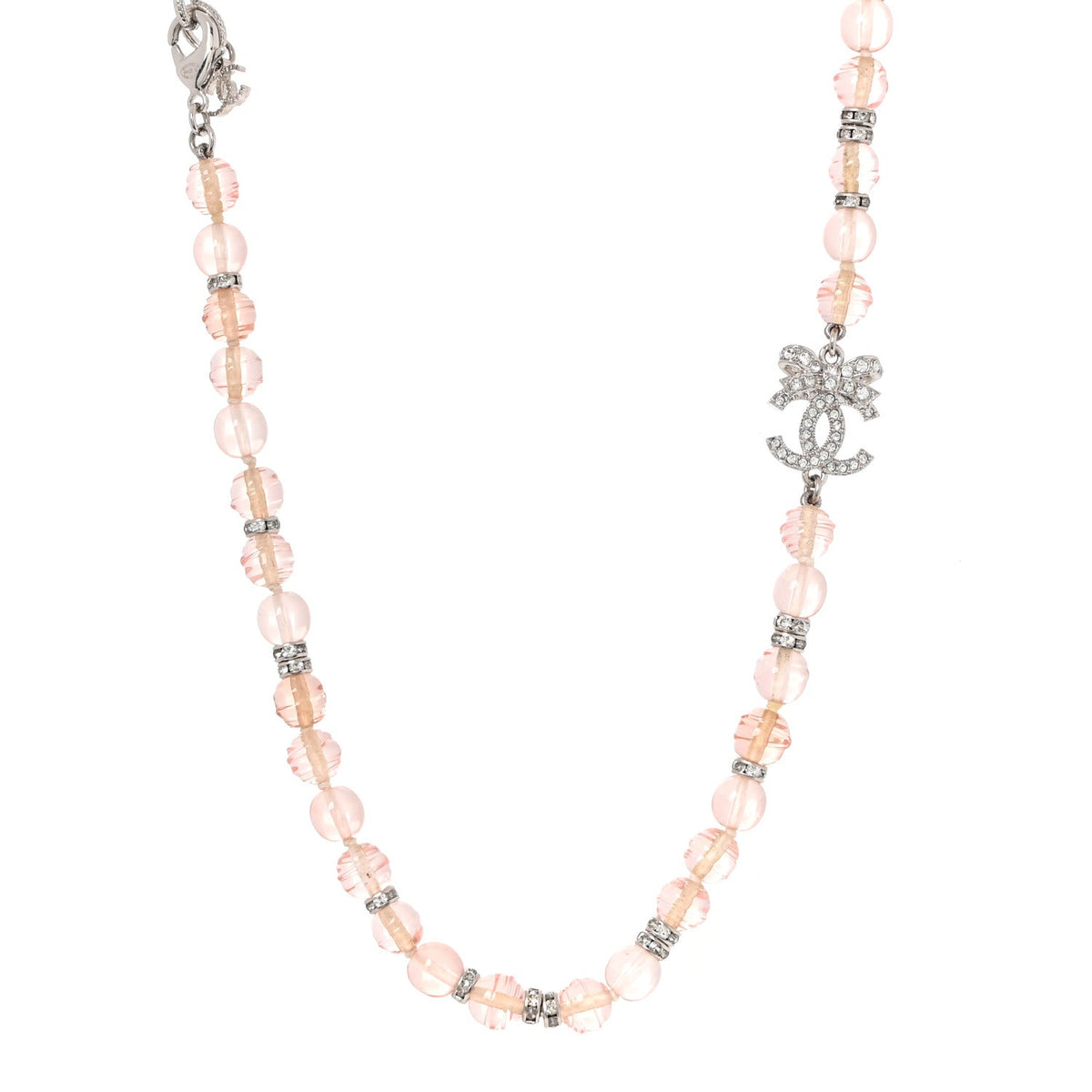 Metal Glass Strass Beaded CC Bow Necklace Silver Pink