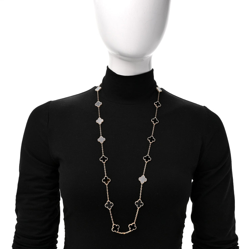 18K Yellow Gold Black Onyx 20 Motifs Vintage Alhambra Necklace