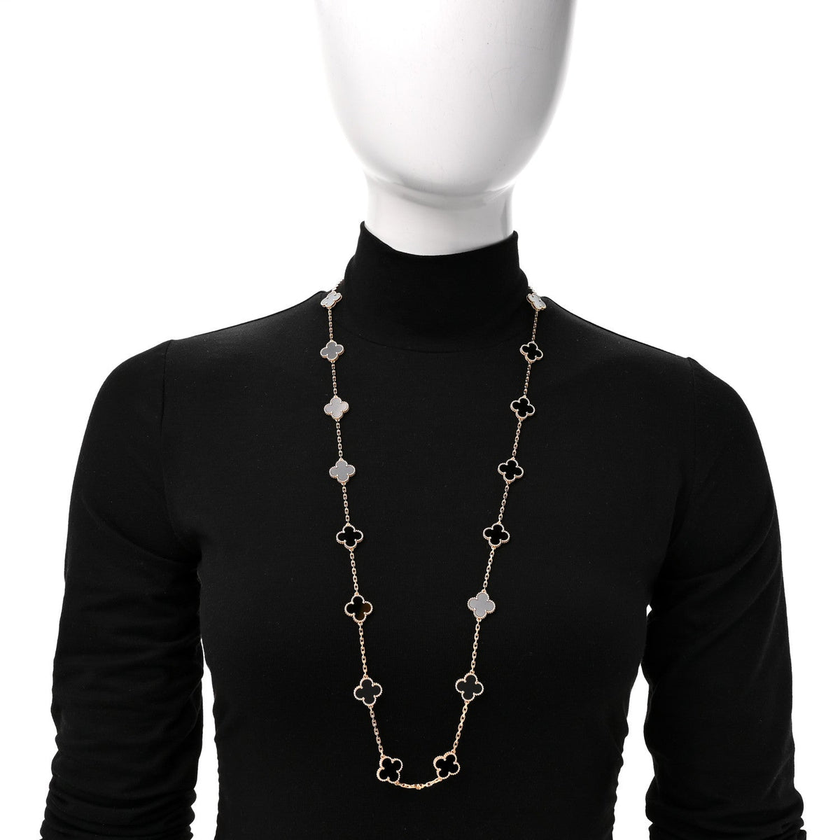 18K Yellow Gold Black Onyx 20 Motifs Vintage Alhambra Necklace
