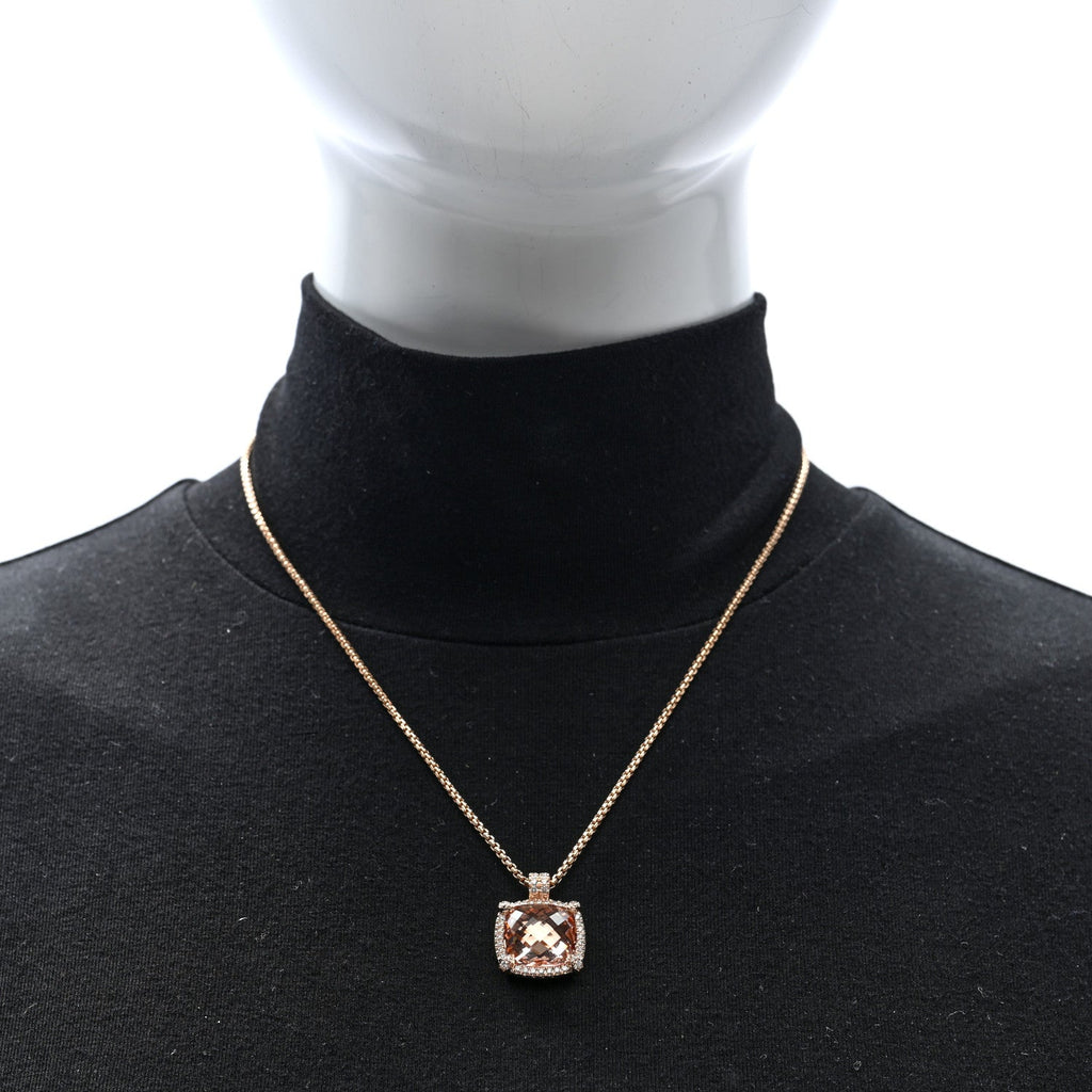 18K Rose Gold Diamond Morganite 14mm Chatelaine Pave Bezel Pendant Necklace