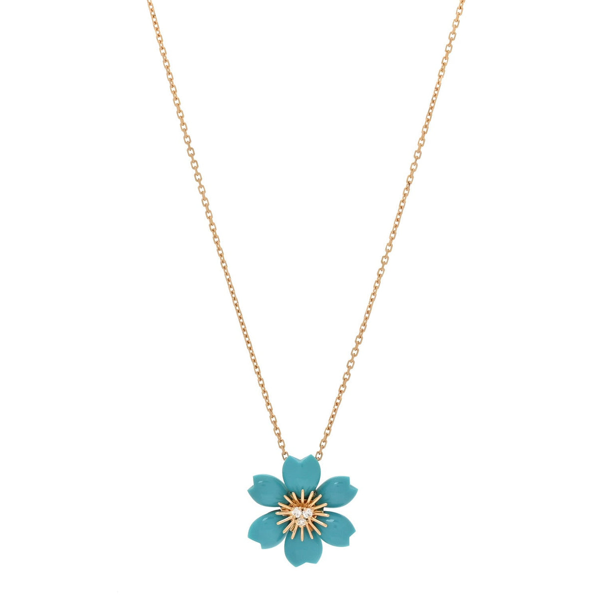 18K Yellow Gold Diamond Turquoise Mini Rose De Noel Pendant Necklace