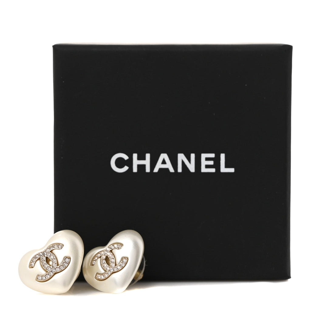 Pearl Crystal CC Heart Earrings Gold