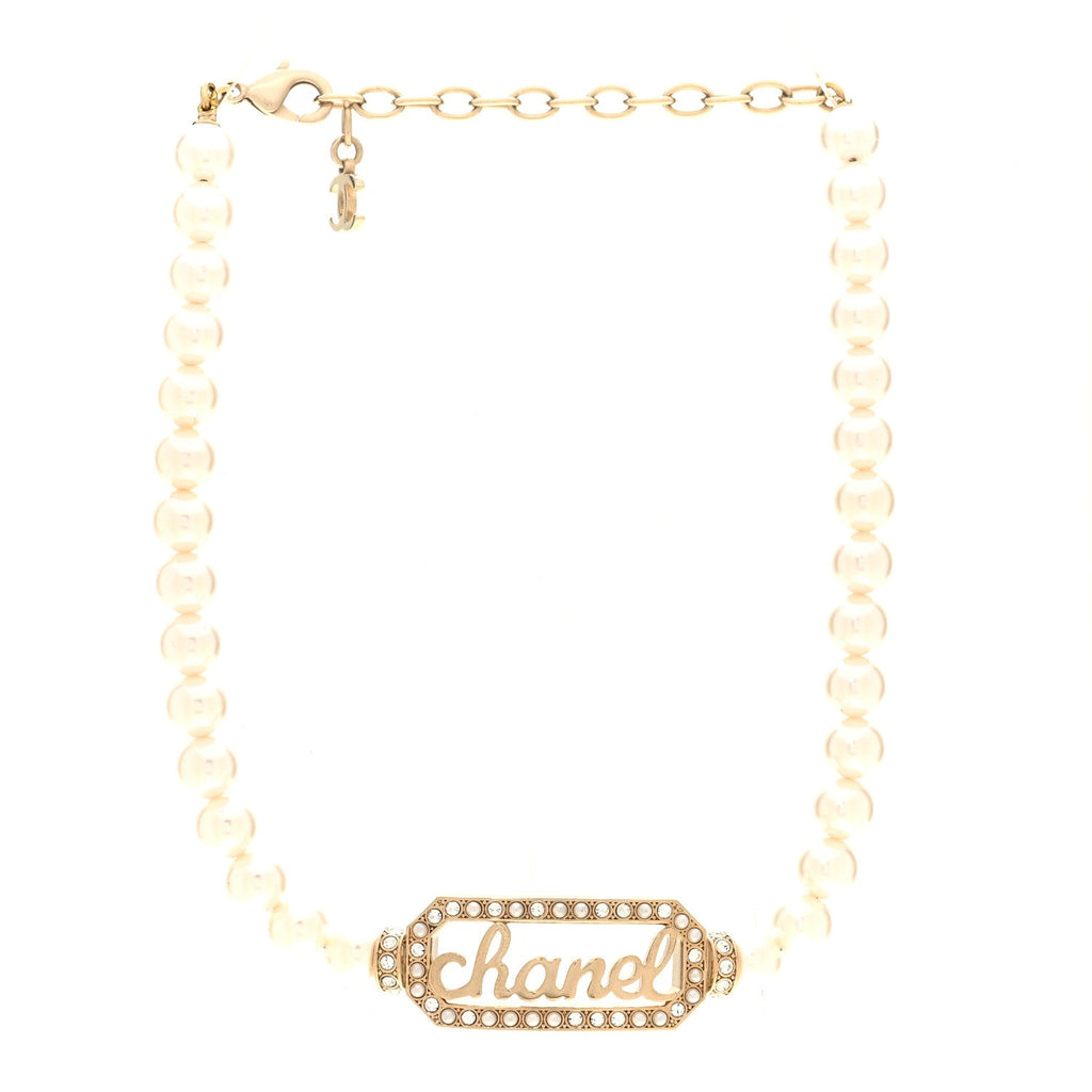 Pearl Crystal Logo Choker Gold Pearly White