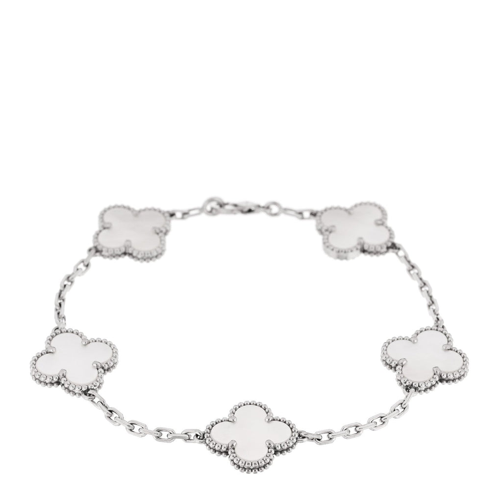 18K White Gold Mother of Pearl 5 Motifs Vintage Alhambra Bracelet