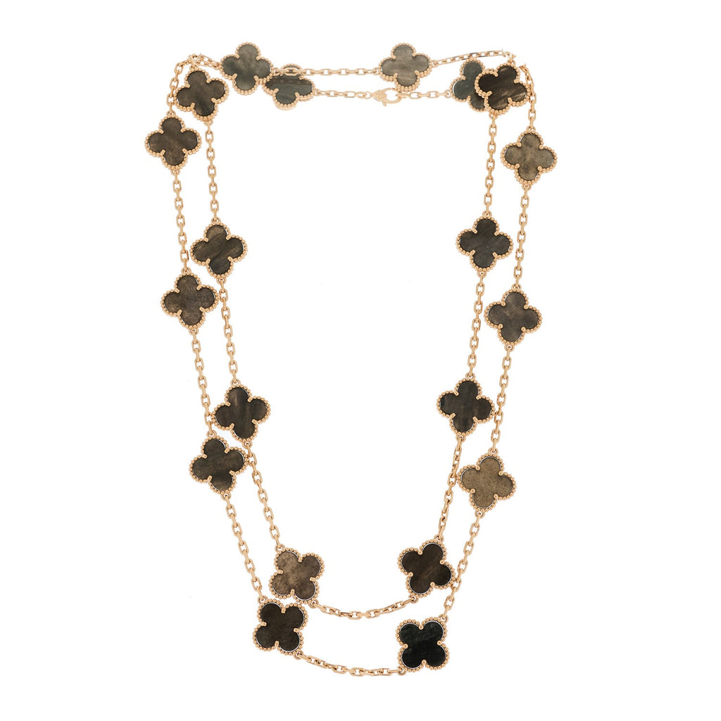 18K Rose Gold Silver Obsidian 20 Motifs Vintage Alhambra Necklace