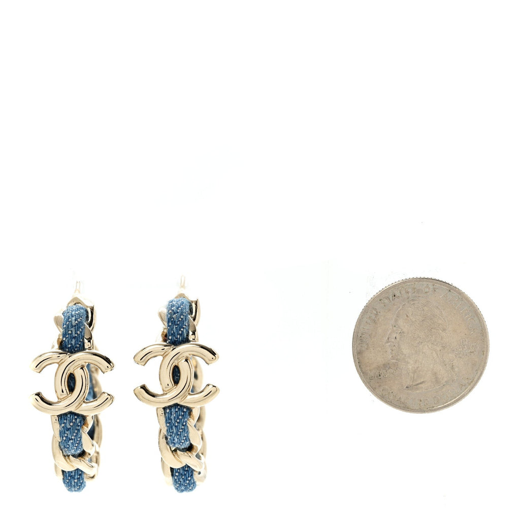 Metal Denim CC Chain Hoop Earrings Gold Blue