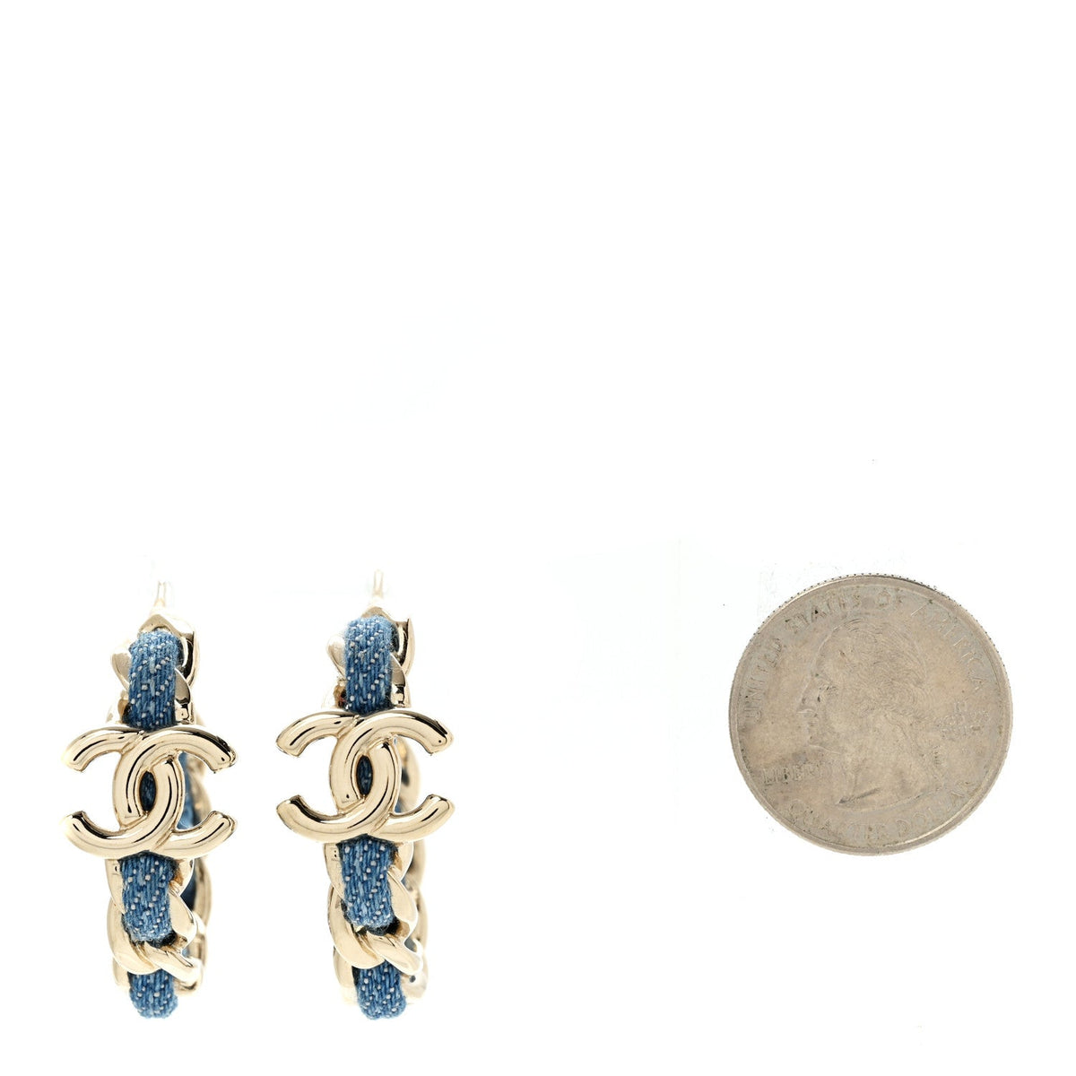 Metal Denim CC Chain Hoop Earrings Gold Blue