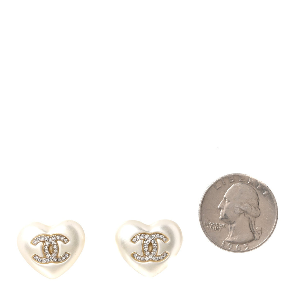 Pearl Crystal CC Heart Earrings Gold