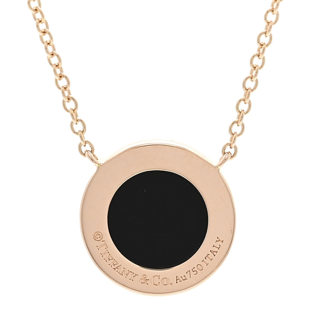 18K Rose Gold Diamond Black Onyx Small T Circle Pendant Necklace