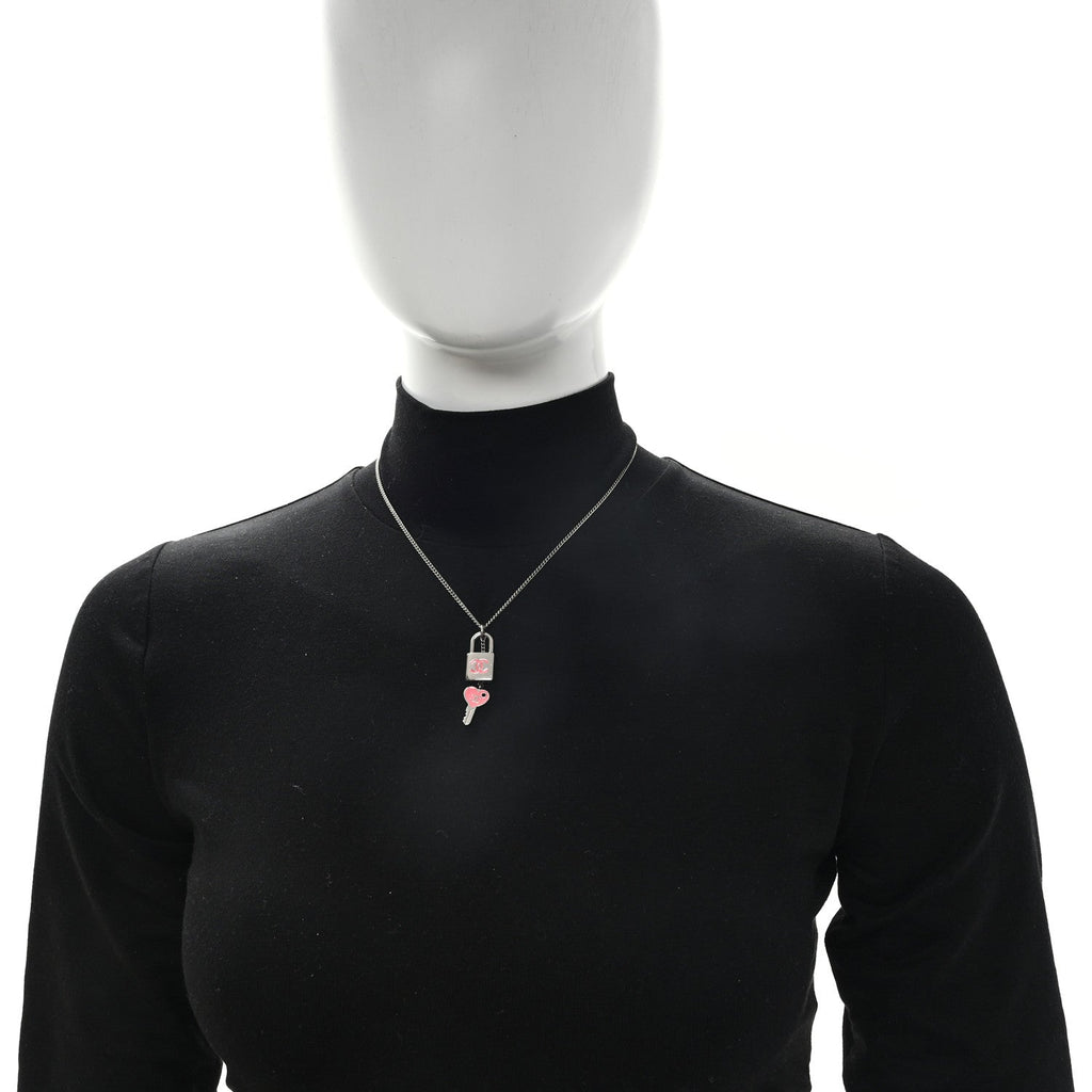 Enamel CC Padlock Heart Key Necklace  Silver Rose Salmon