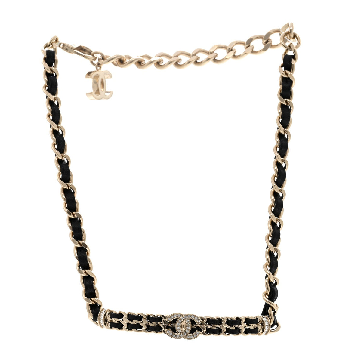 Metal Lambskin Crystal CC Choker Necklace Black Gold