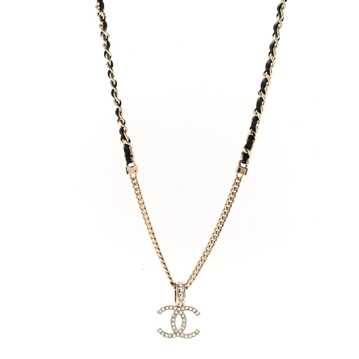 Lambskin Crystal CC Chain Pendant Necklace Black Gold