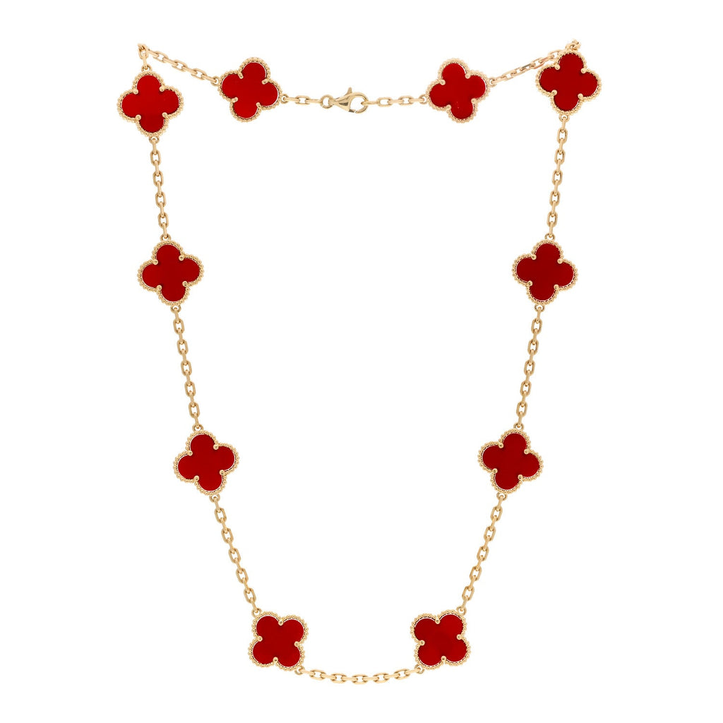 18K Yellow Gold Carnelian 10 Motifs Vintage Alhambra Necklace