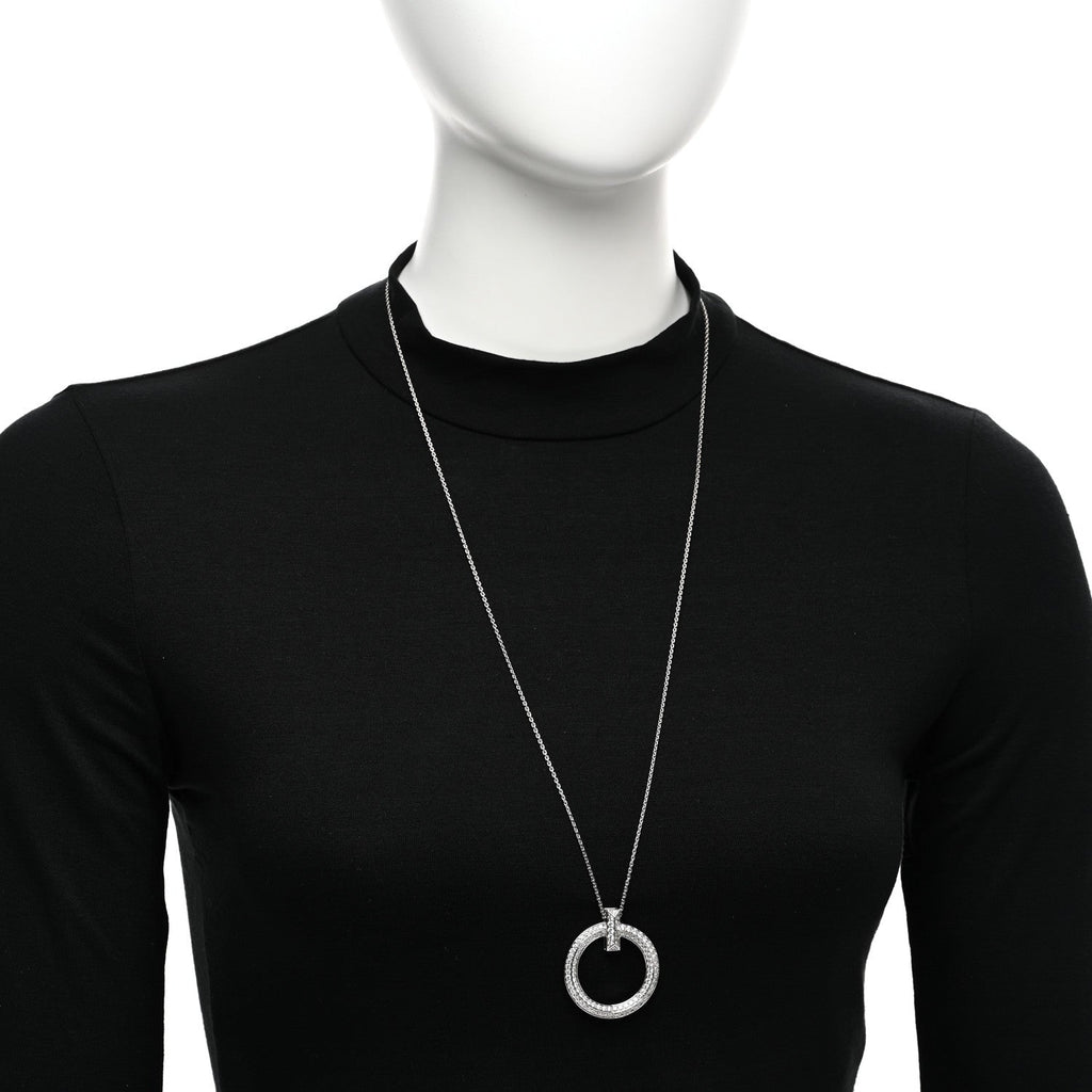 18K White Gold Diamond Large T T1 Circle Pendant Necklace