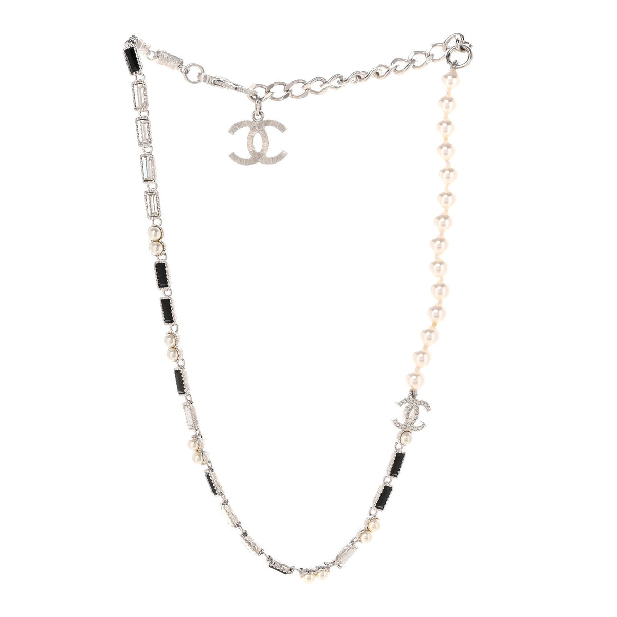 Pearl Baguette Crystal CC Choker Necklace Silver Black