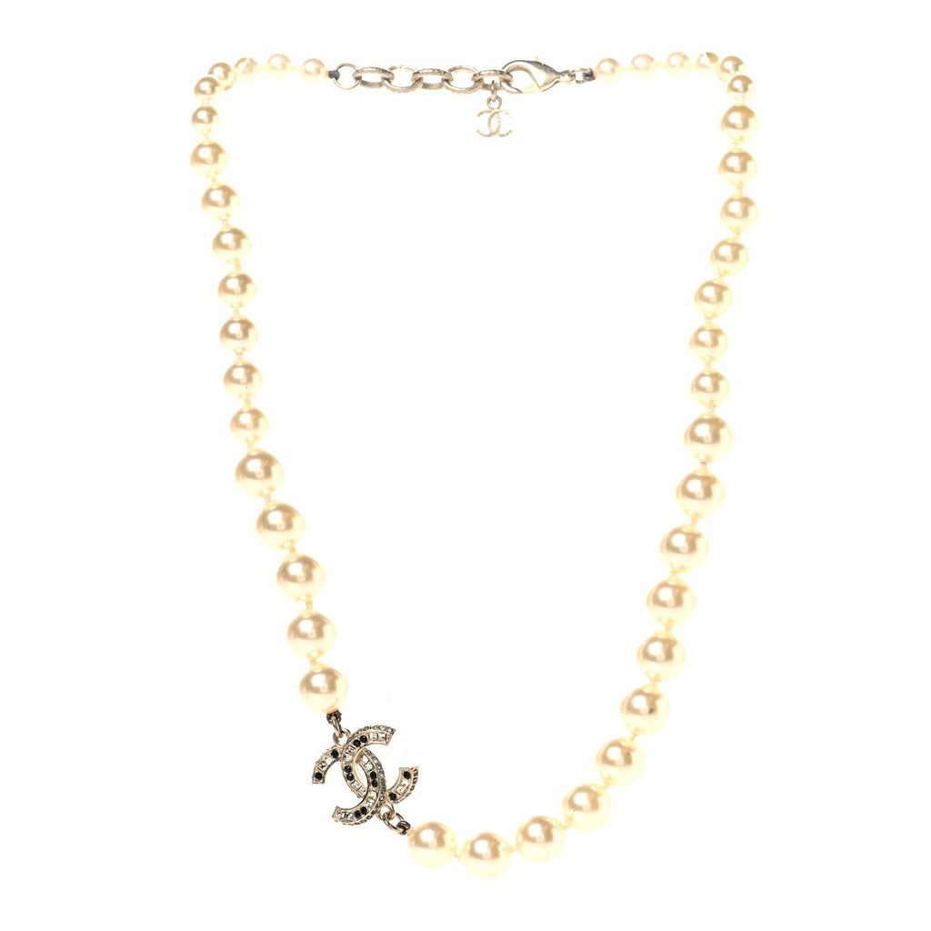 Pearl Crystal CC Short Necklace Gold Black